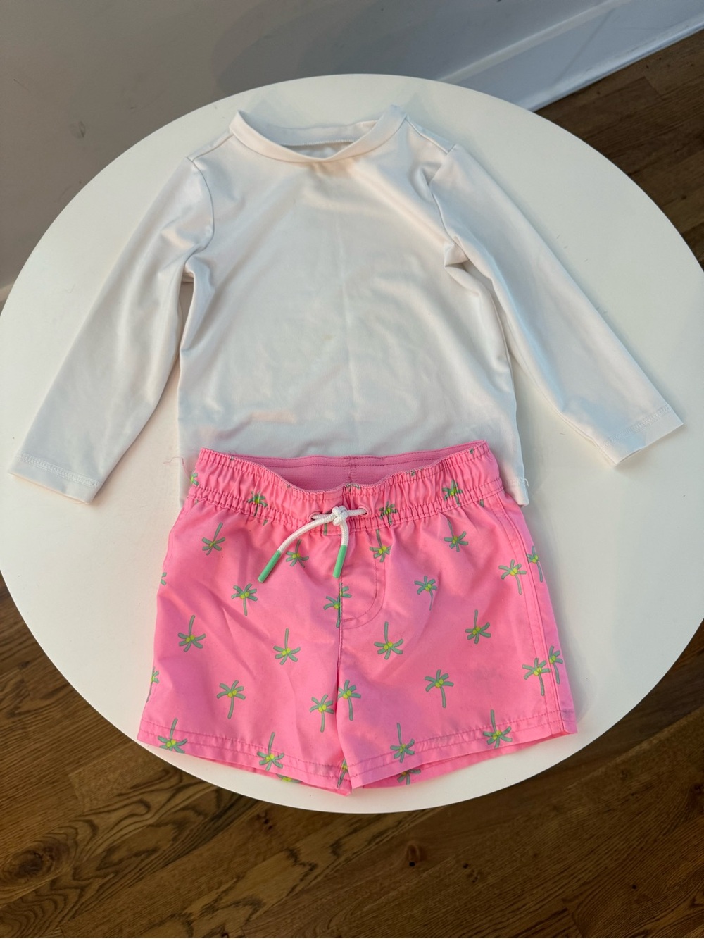 Kids Pink Palm-Print Swim Shorts with White Rash Guard